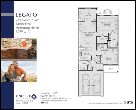 Floor plan for 2 beds, 2 baths, 1378 sqft